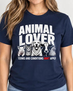 woman wearing  navy Blue vegan t-shirt with animal graphic and text 'animal lover terms and conditions don't apply'