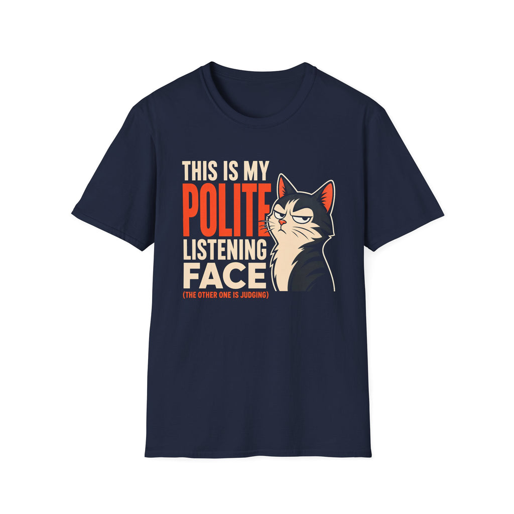 Navy blue  t-shirt with a cat graphic and text on a white background with text 'this is my polite listening face'