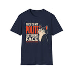 Navy blue  t-shirt with a cat graphic and text on a white background with text 'this is my polite listening face'