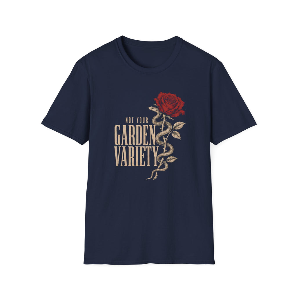 Navy t-shirt with text 'not your garden variety' and image of a snake wrapped around a rose