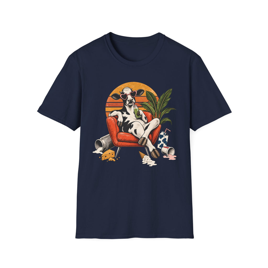 A navy short-sleeve crewneck t-shirt featuring a colorful graphic print of a cow lounging in an orange armchair against a sunset background.