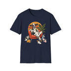 A navy short-sleeve crewneck t-shirt featuring a colorful graphic print of a cow lounging in an orange armchair against a sunset background.
