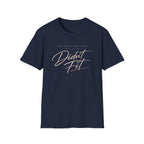 A navy blue graphic t-shirt . The t-shirt features the text 'MADE MYSELF SMALL ONCE. DIDN'T FIT'