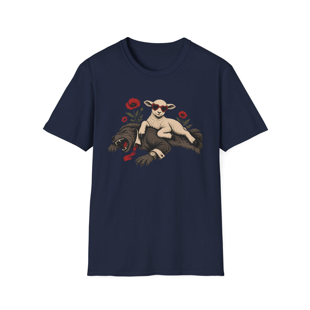 Navy tee with graphic of a sheep lying on a wolf with red flowers surrounding