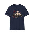 Navy tee with graphic of a sheep lying on a wolf with red flowers surrounding