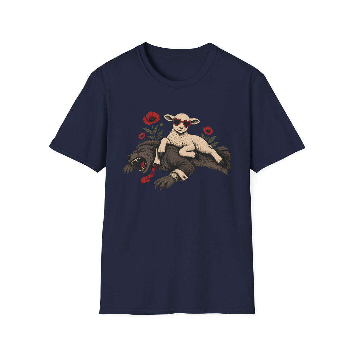 Navy tee with graphic of a sheep lying on a wolf with red flowers surrounding