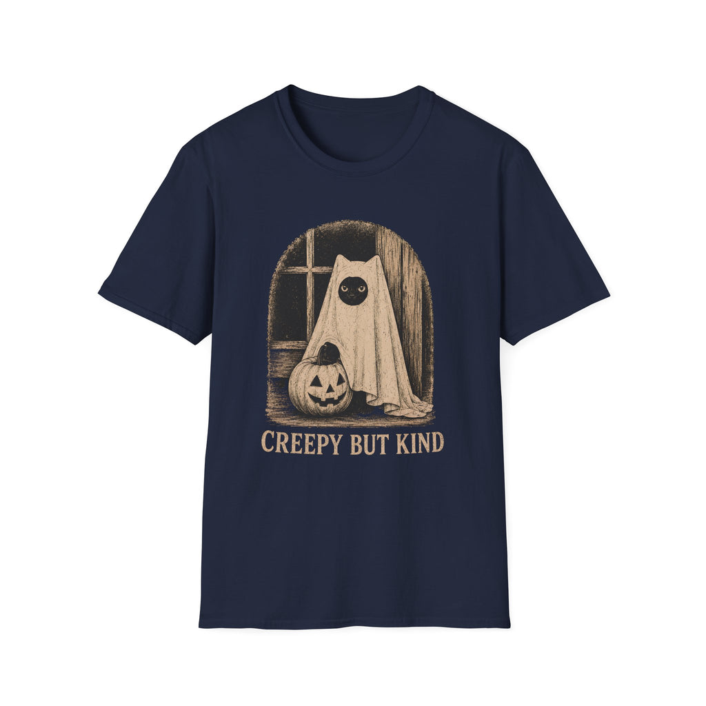 Navy short-sleeve t-shirt with a vintage-style Halloween graphic of a ghostly figure in a sheet next to a jack-o'-lantern, with the text 'CREEPY BUT KIND' printed below.