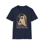 Navy short-sleeve t-shirt with a vintage-style Halloween graphic of a ghostly figure in a sheet next to a jack-o'-lantern, with the text 'CREEPY BUT KIND' printed below.