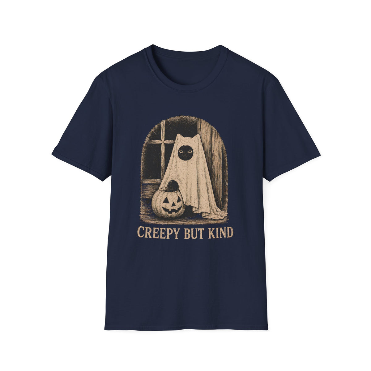 Navy short-sleeve t-shirt with a vintage-style Halloween graphic of a ghostly figure in a sheet next to a jack-o'-lantern, with the text 'CREEPY BUT KIND' printed below.