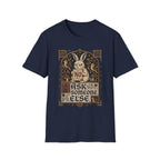 Medieval illuminated manuscript style graphic featuring a grumpy rabbit holding a scroll that reads "NO" above the words "Ask Someone Else."