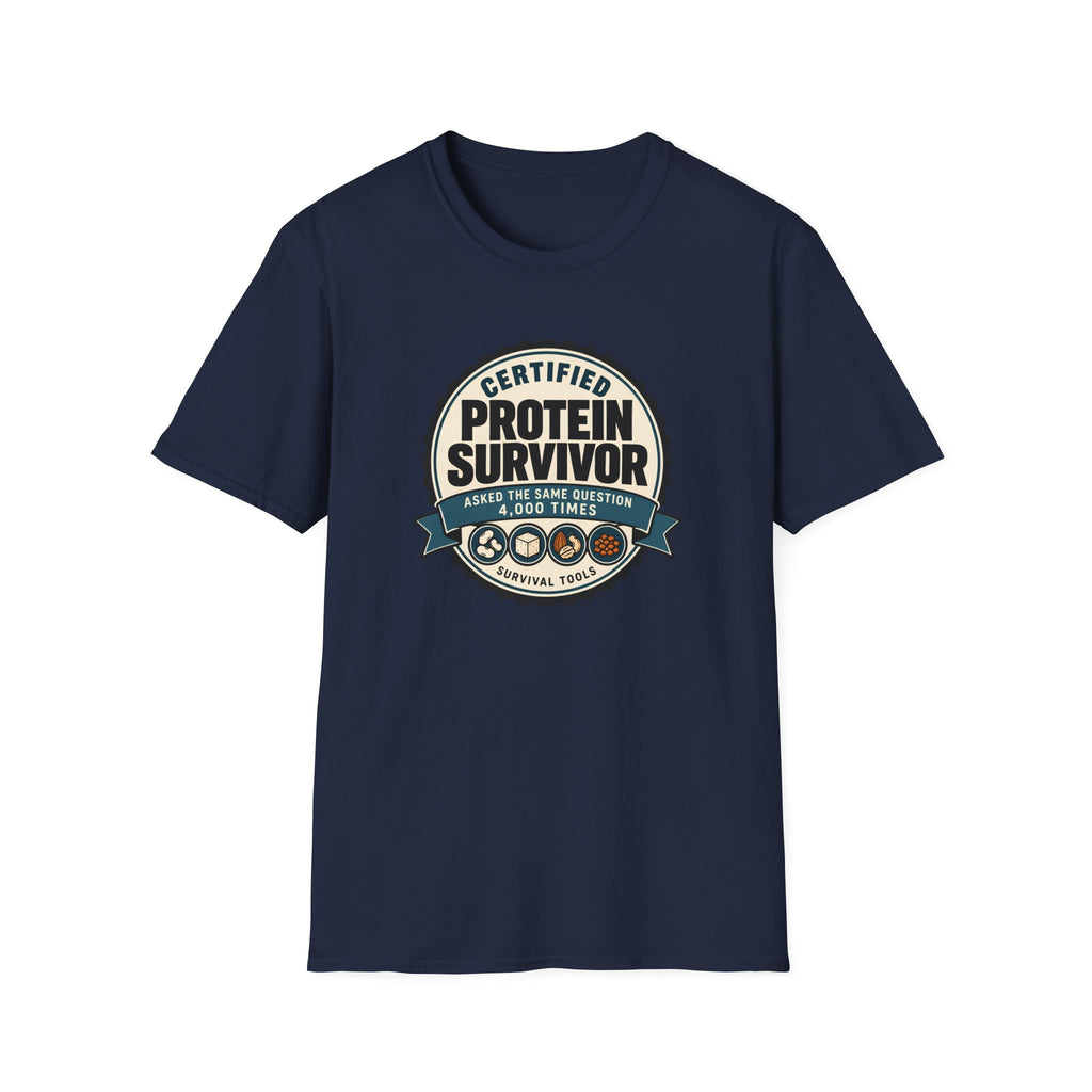 Retro badge style graphic reading "Certified Protein Survivor" with the words "Asked the Same Question 4,000 Times" and icons representing beans, tofu, nuts, and lentils.