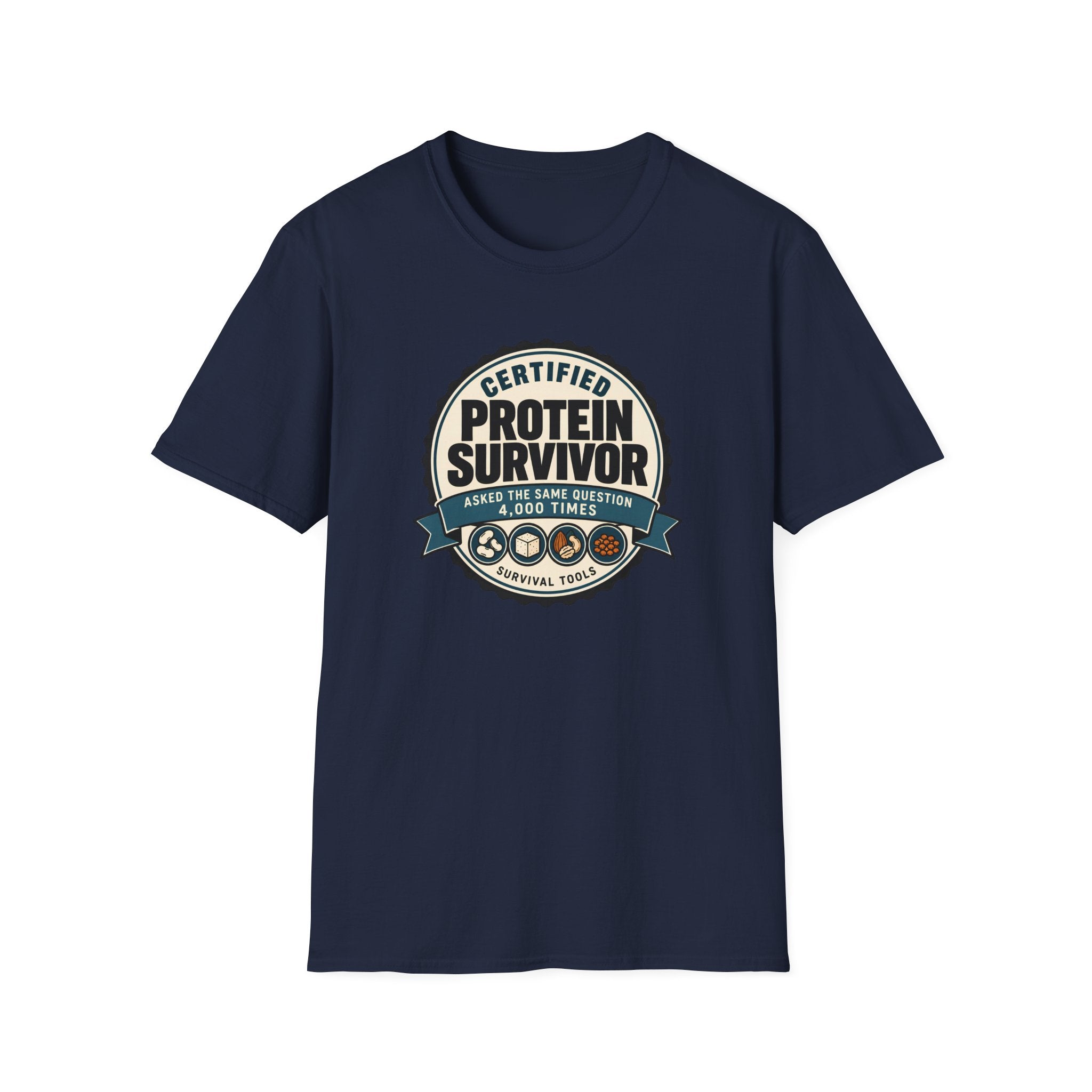 Retro badge style graphic reading "Certified Protein Survivor" with the words "Asked the Same Question 4,000 Times" and icons representing beans, tofu, nuts, and lentils.