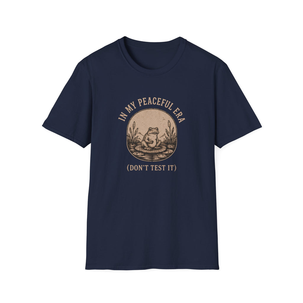 Navy  t-shirt with frog graphic and text 'in my peaceful era don't test it'