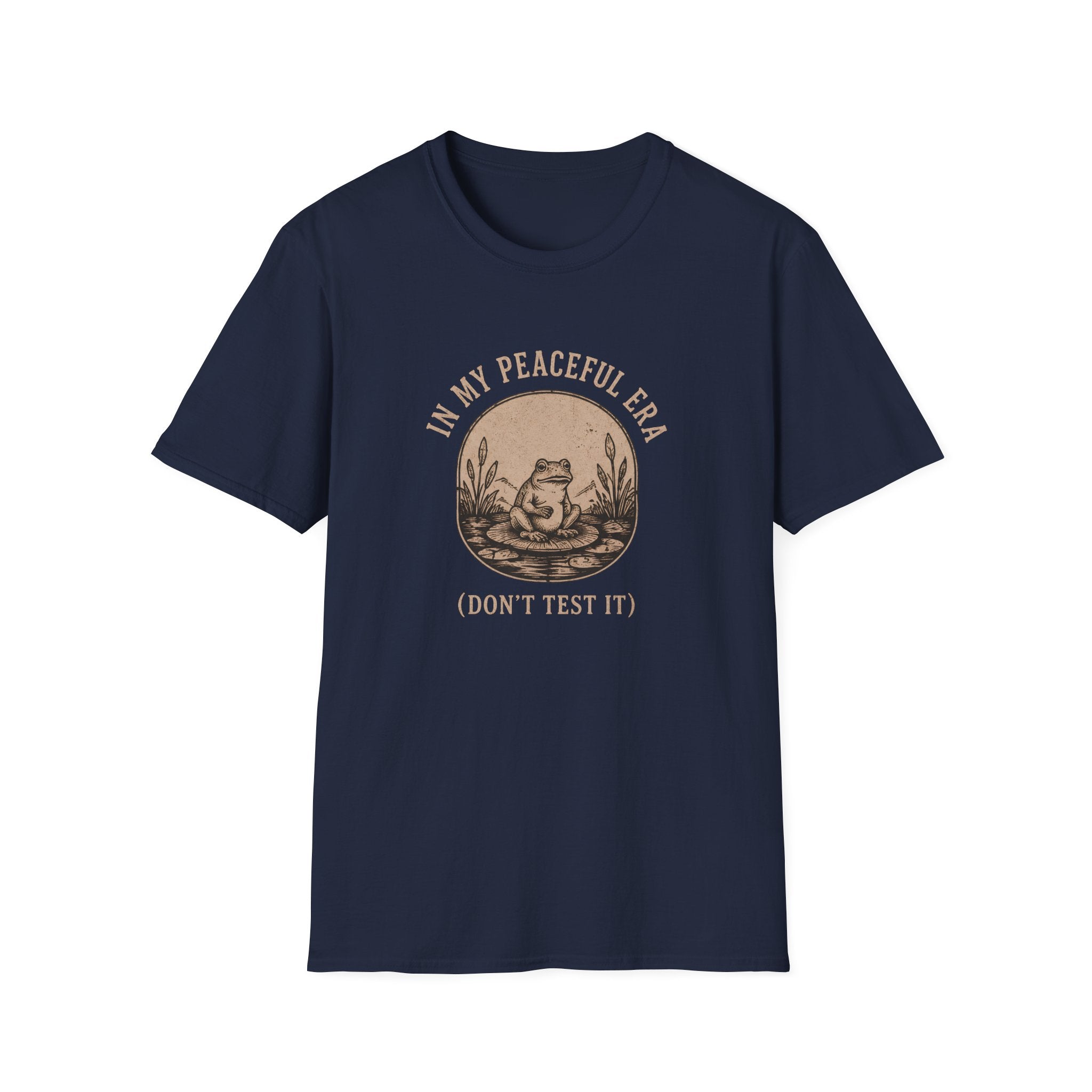 Navy  t-shirt with frog graphic and text 'in my peaceful era don't test it'