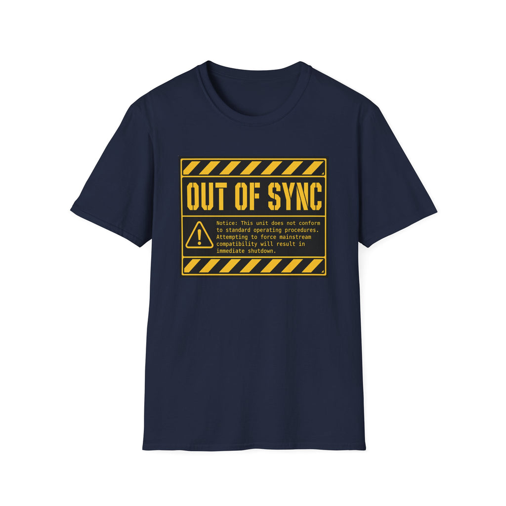 Navy t-shirt with text 'out of sync'