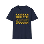 Navy t-shirt with text 'out of sync'