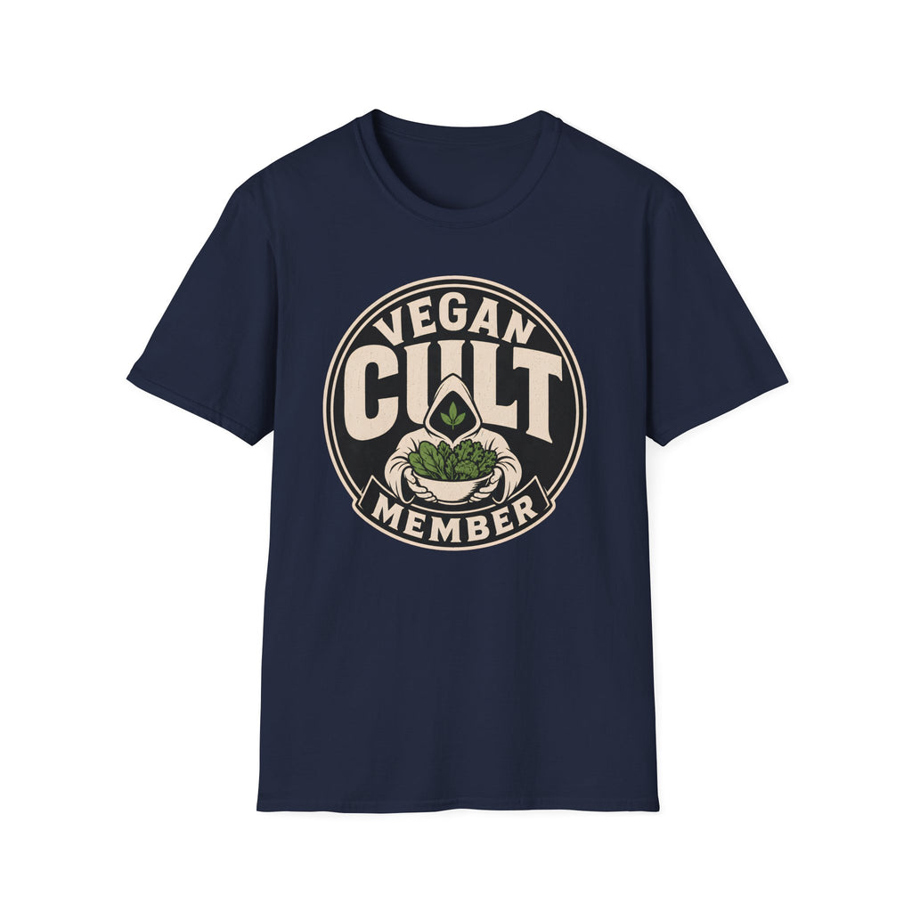Navy-shirt with text 'vegan cult member'