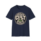Navy-shirt with text 'vegan cult member'