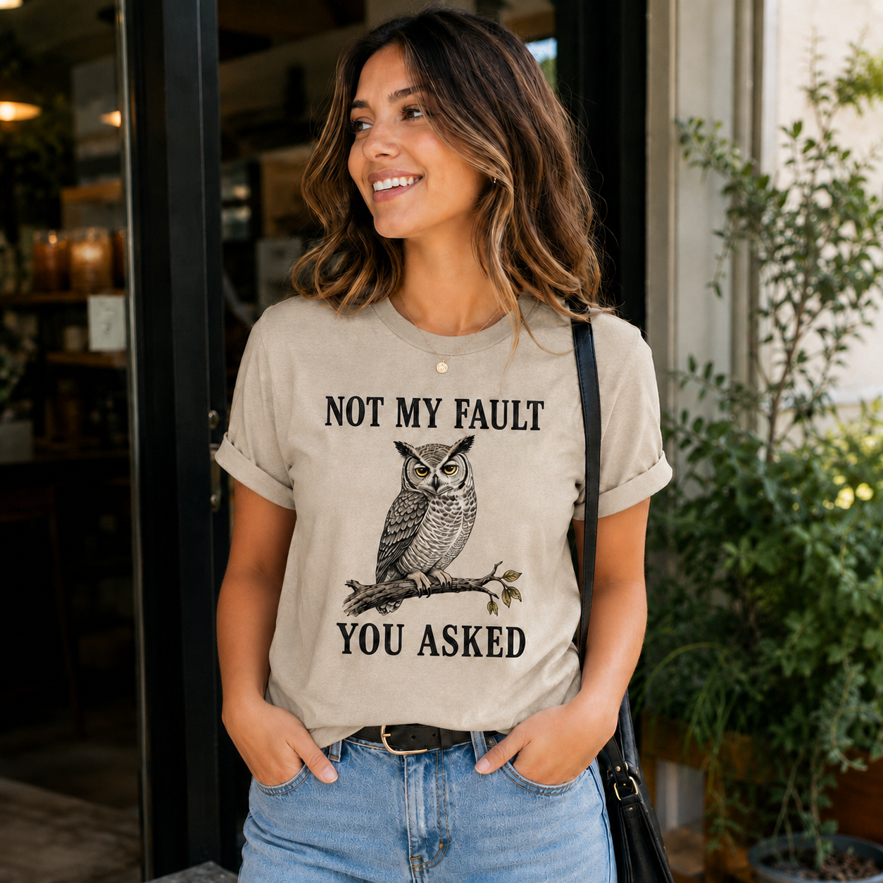 A woman wearing a beige graphic t-shirt with a black owl illustration and the text 'NOT MY FAULT YOU ASKED', paired with blue jeans and a black shoulder bag, standing in front of a storefront.