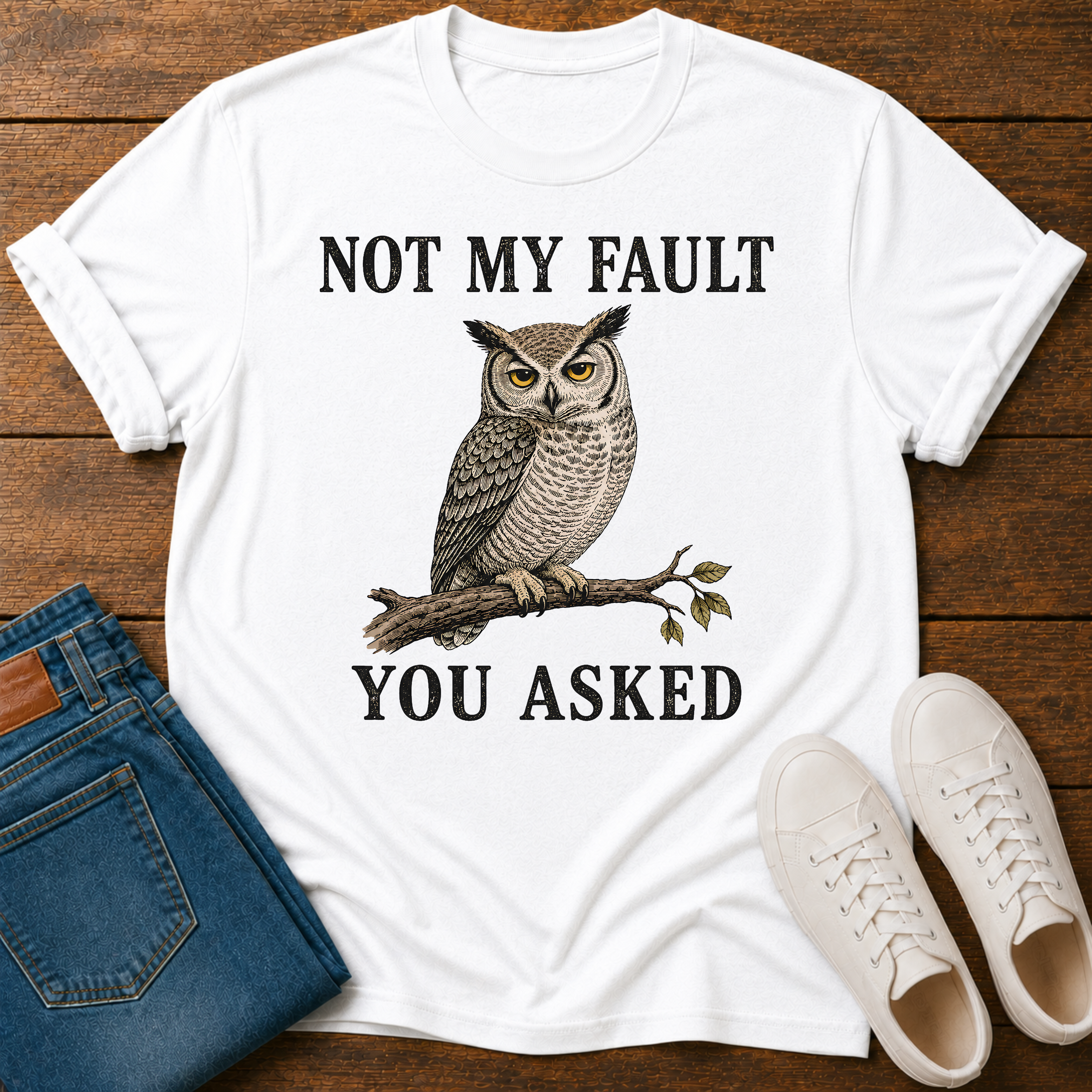 A white graphic t-shirt laid flat on a wooden surface, styled with folded blue jeans, white sneakers, and a printed owl illustration with the text 'NOT MY FAULT YOU ASKED'.