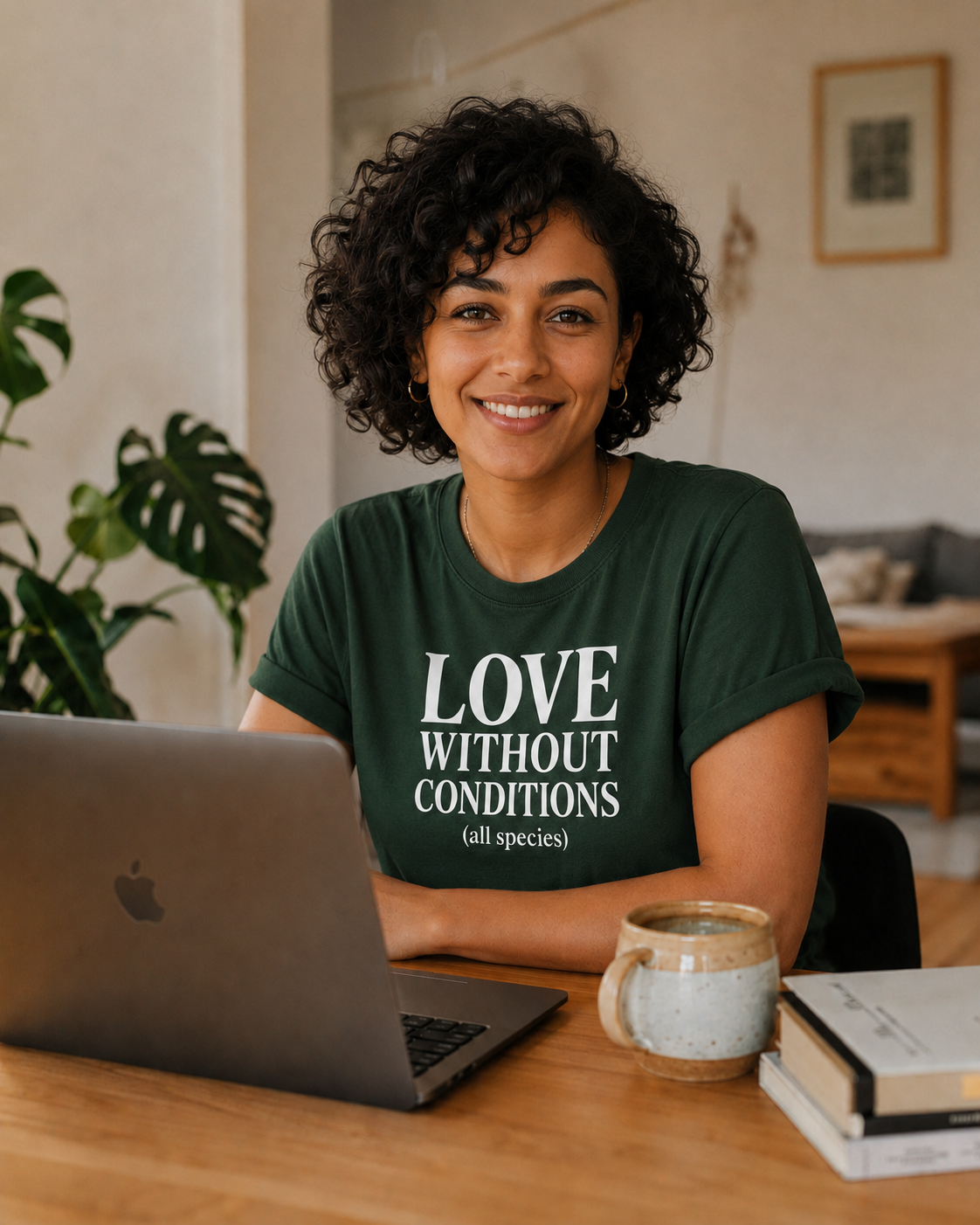 Person wearing a green t-shirt with 'Love Without Conditions (all species)' text, sitting at a desk with a laptop and mug.