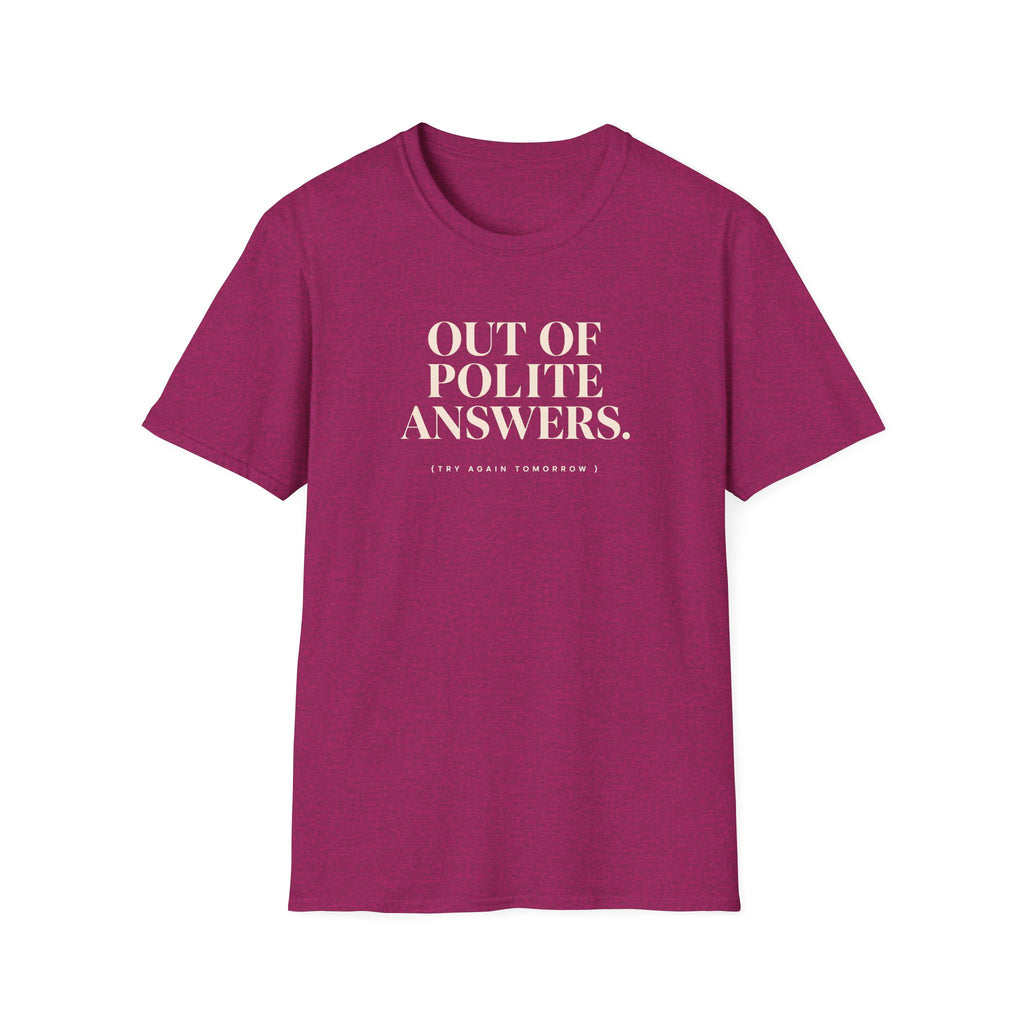 Pink T-shirt with text 'out of polite answers try again tomorrow'
