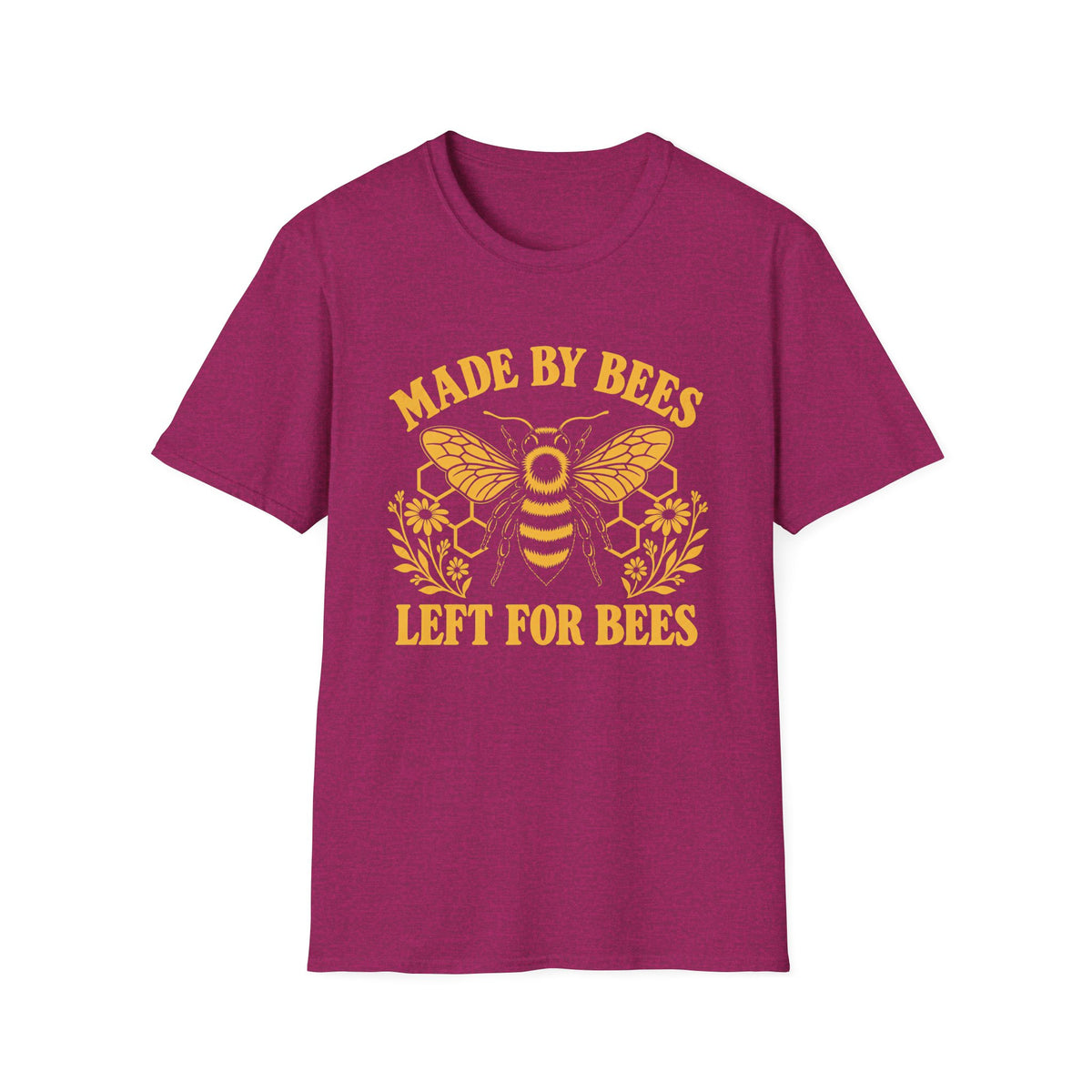 A heather magenta short-sleeve crewneck t-shirt featuring a yellow graphic of a bumblebee with honeycomb patterns and the text 'MADE BY BEES LEFT FOR BEES' printed on the front.
