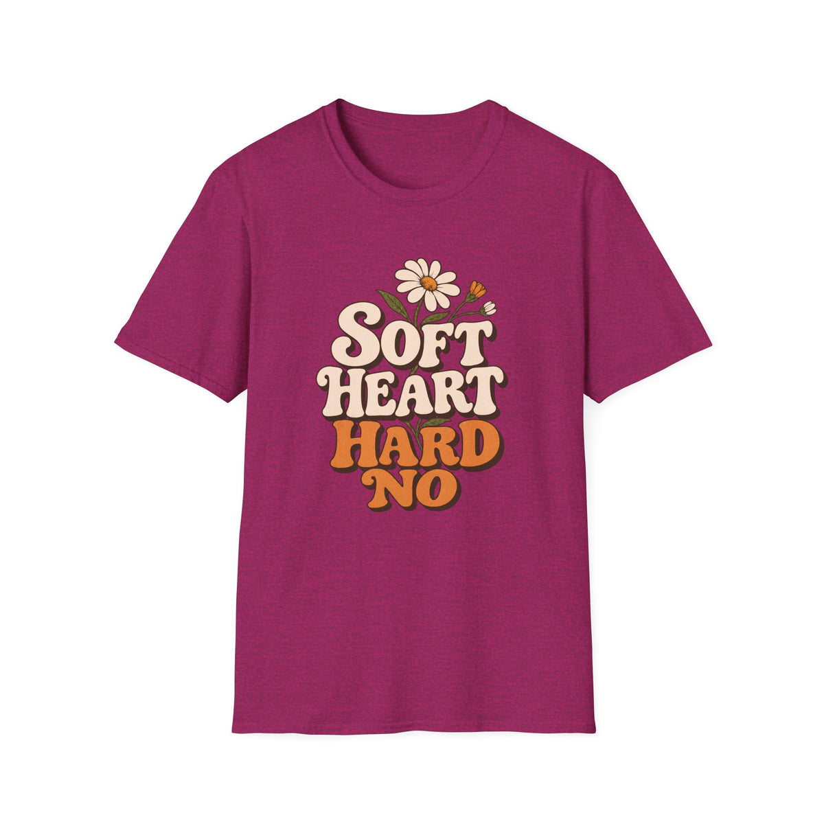 A heather magenta short-sleeve t-shirt with a retro-style graphic on the chest that reads 'SOFT HEART HARD NO' in cream and orange lettering, decorated with a small daisy and bee illustration, shown on a plain white background.