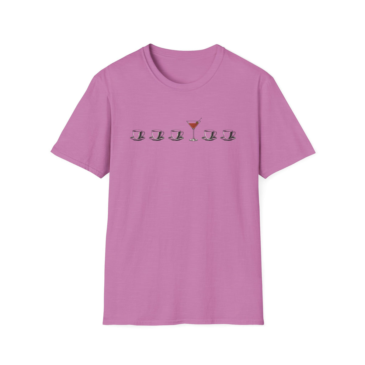 Pink short-sleeve crewneck t-shirt featuring a graphic print on the chest of five coffee cups in a row, with the center cup replaced by a martini glass filled with red drink.