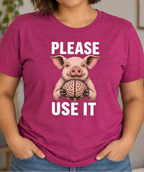 A woman wearing a heather magenta t-shirt with a graphic of a pig holding a brain and the text 'PLEASE USE IT' in white. The background shows a cozy, softly blurred home interior with shelves, plants, and framed art.