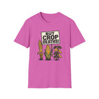 A pink short-sleeve crewneck t-shirt featuring a cartoon graphic of corn and soy plants holding a protest sign that reads 'BUT CROP DEATHS!'.