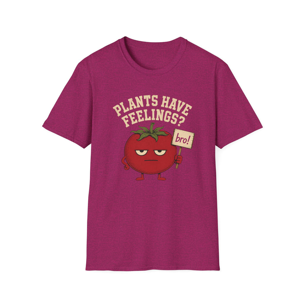 Pink t-shirt with text "plants have feelings" and a tomato holding a sign 'bro!'