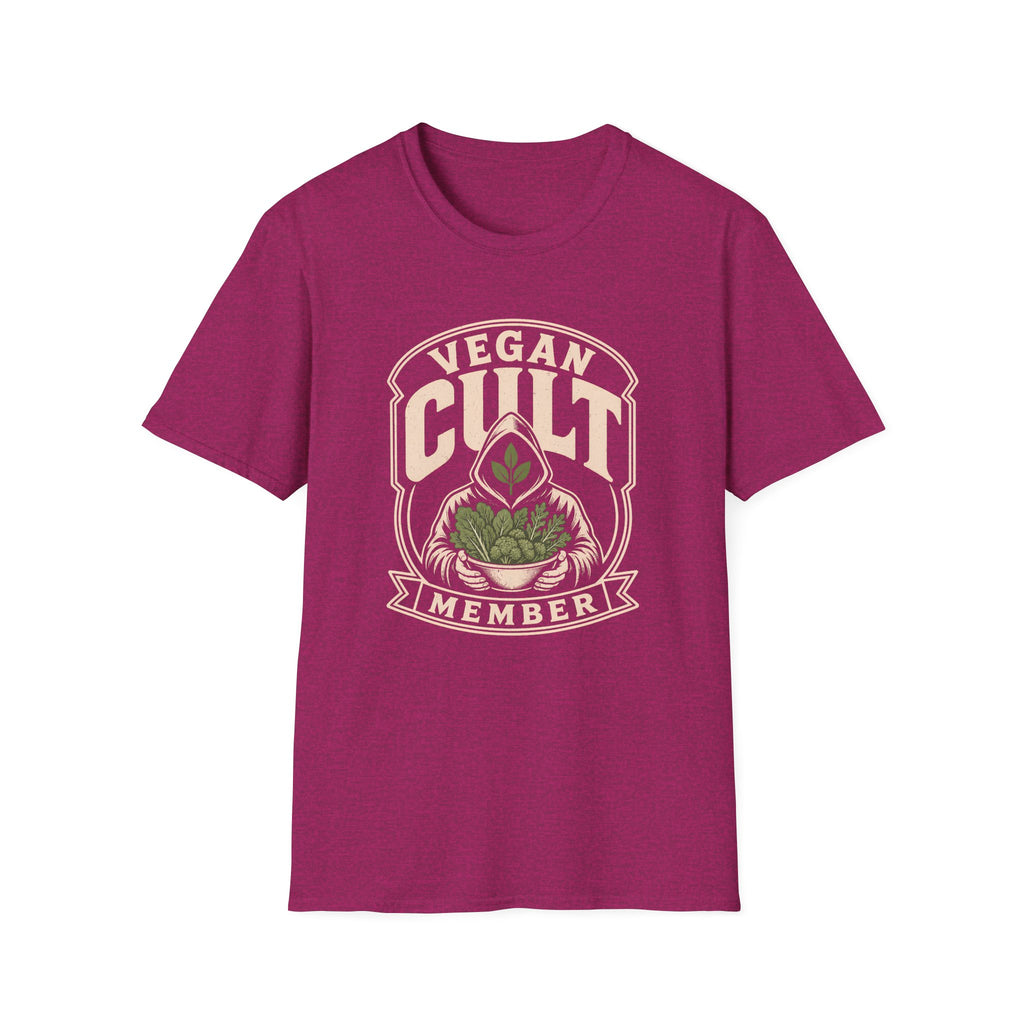 Pink t-shirt with text 'vegan cult member'