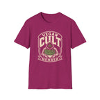 Pink t-shirt with text 'vegan cult member'