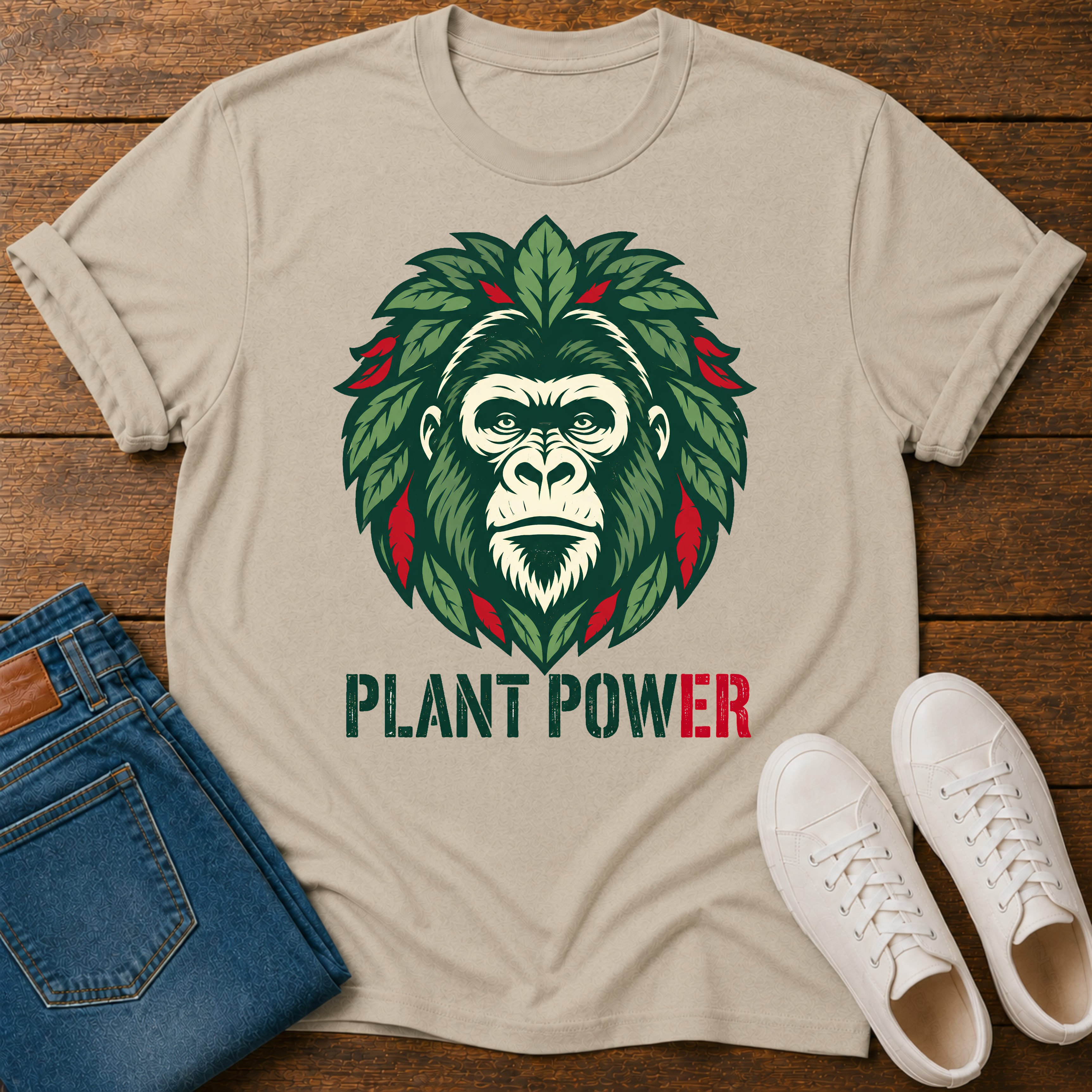A sand graphic t-shirt laid flat on a wooden surface, styled with blue jeans and white sneakers. The t-shirt features a graphic of a gorilla's face surrounded by green leaves with red accents, and the text 'PLANT POWER' printed below.
