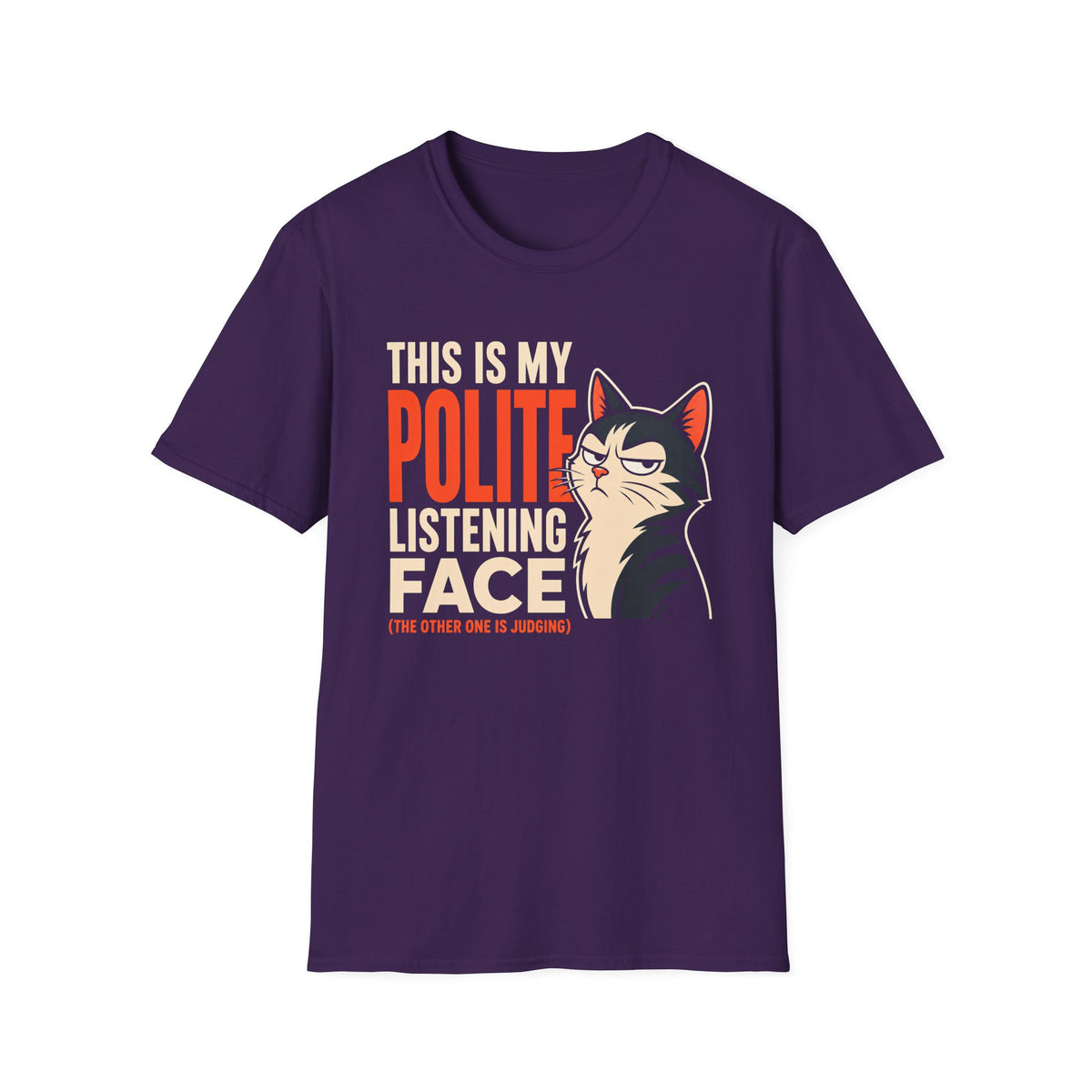 Purple t-shirt with a cat graphic and text on a white background with text 'this is my polite listening face'