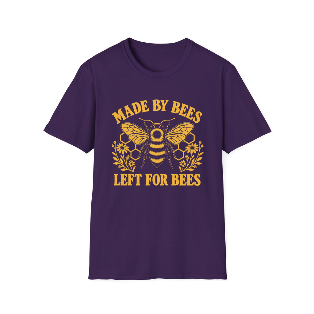 Purple tee with bee graphic and text 'made by bees left for bees'