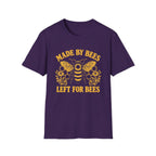 Purple tee with bee graphic and text 'made by bees left for bees'