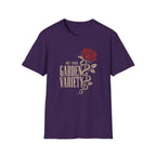 Purple t-shirt with text 'not your garden variety' and image of a snake wrapped around a rose