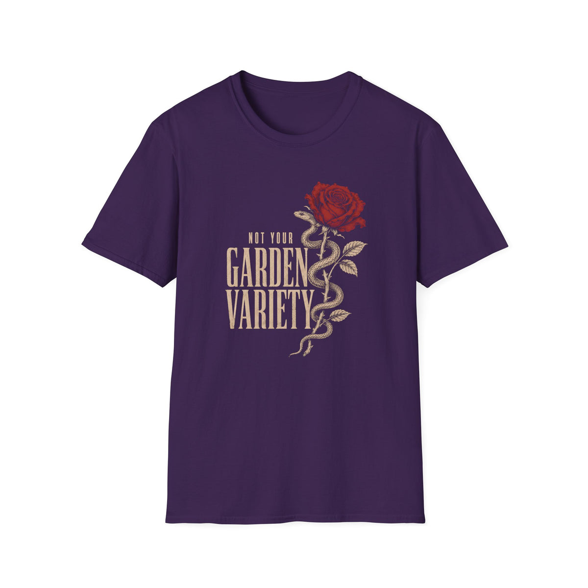 Purple t-shirt with text 'not your garden variety' and image of a snake wrapped around a rose