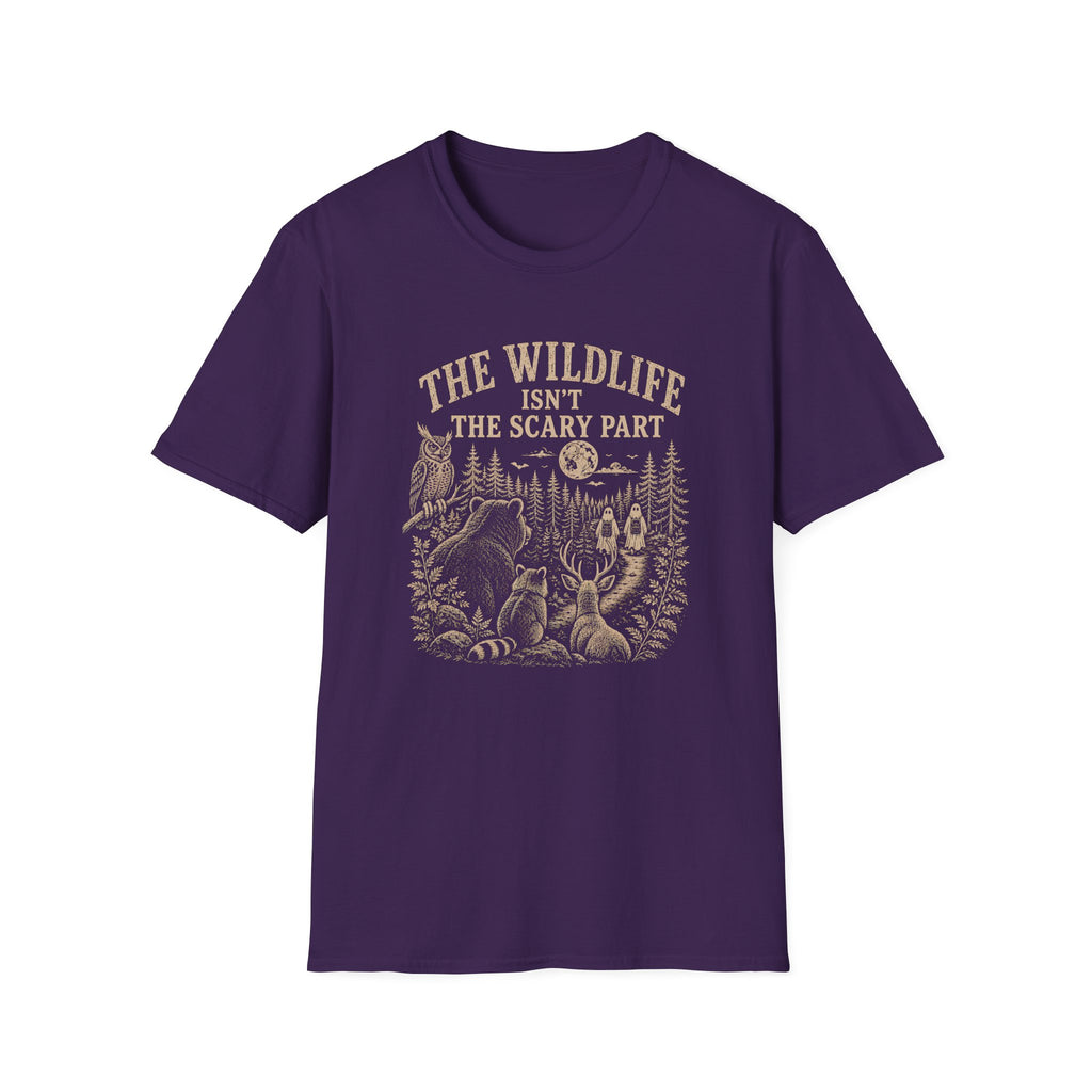 Purple t-shirt with nature graphic of animals and halloween characters walking up a path and text 'the wildlife isn;t the scary part