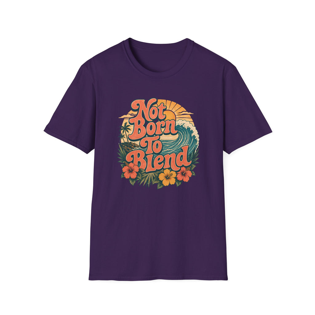 A purple short-sleeve crewneck t-shirt featuring a retro circular graphic on the chest with the text 'Not Born To Blend' in orange, surrounded by a sunset, palm tree, waves, and hibiscus flowers.
