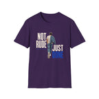 Purple short-sleeve crewneck t-shirt featuring a graphic print from the movie 'The Great Biker Ride'. The graphic shows a man walking away with the text 'NOT RUDE JUST DONE' in cream, beige, and blue lettering.
