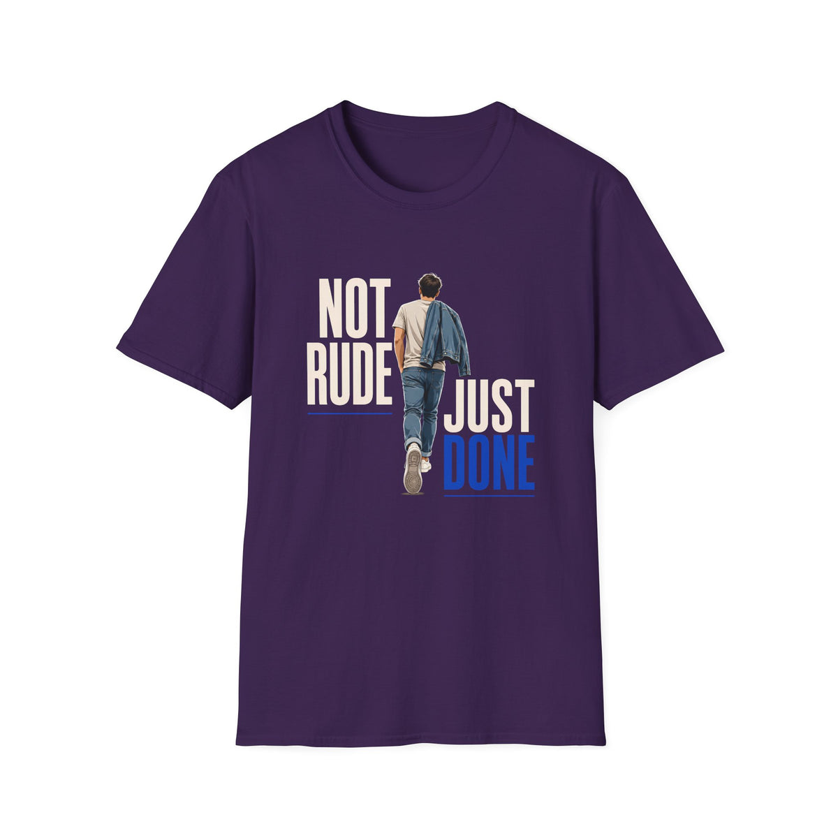 Purple short-sleeve crewneck t-shirt featuring a graphic print from the movie 'The Great Biker Ride'. The graphic shows a man walking away with the text 'NOT RUDE JUST DONE' in cream, beige, and blue lettering.