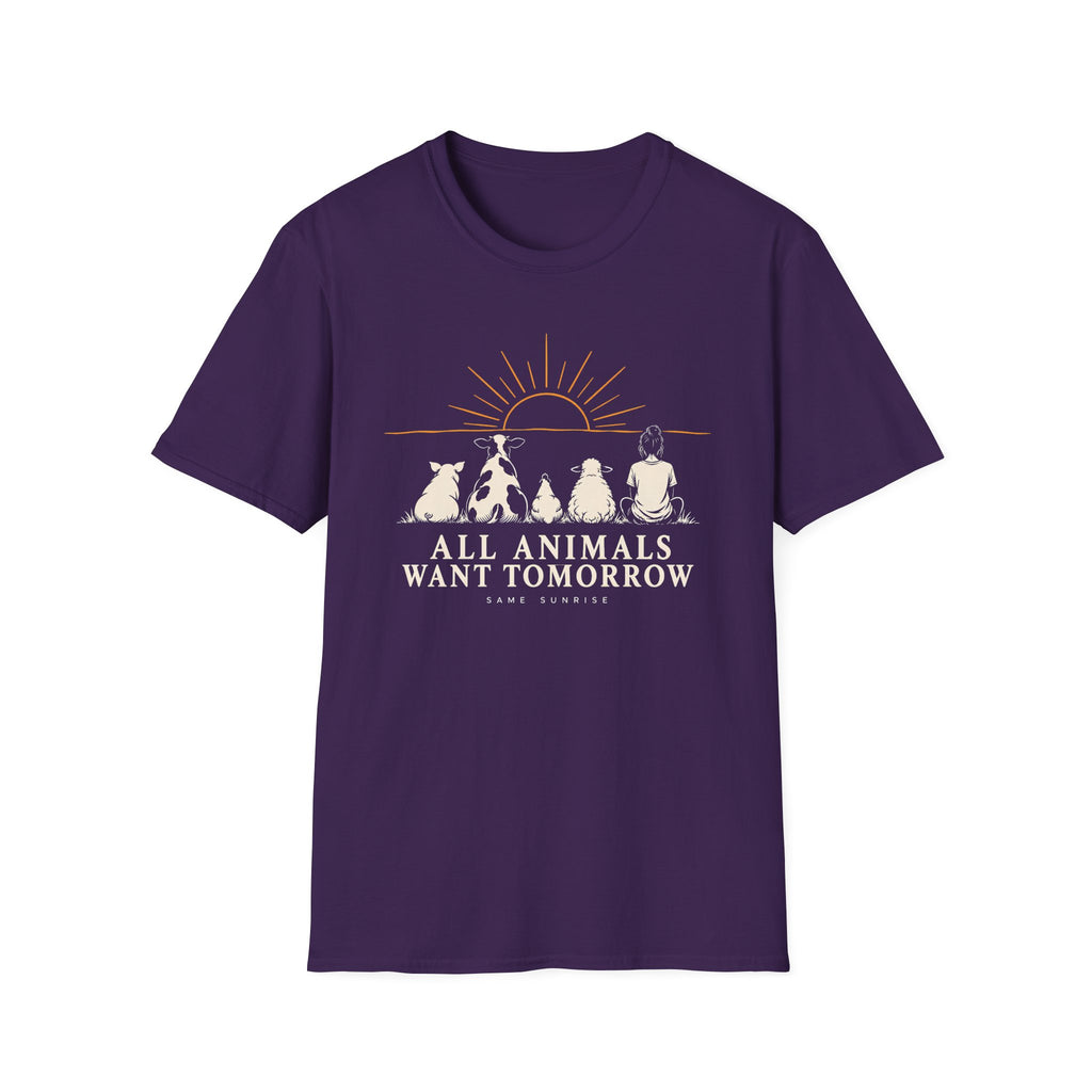 Purple graphic T-shirt design showing a pig, cow, chicken, sheep and person sitting together beneath a sunrise with the words “All Animals Want Tomorrow” and “Same Sunrise.”