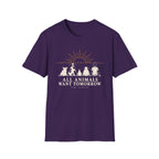Purple graphic T-shirt design showing a pig, cow, chicken, sheep and person sitting together beneath a sunrise with the words “All Animals Want Tomorrow” and “Same Sunrise.”