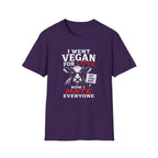 Purple t-shirt with text 'i went vegan for love now i hate everyone'