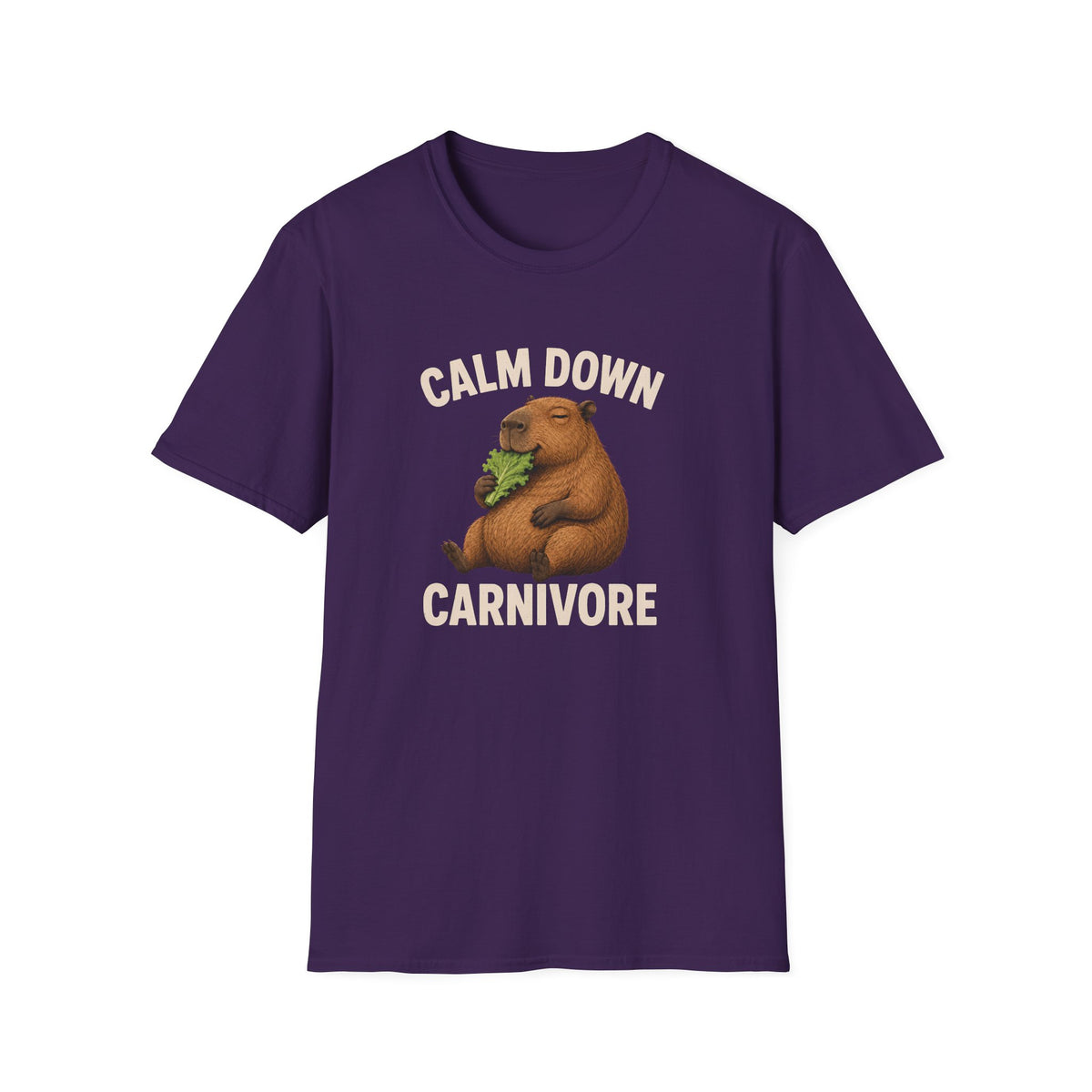 A purple short-sleeve crewneck t-shirt featuring a cartoon groundhog graphic holding green lettuce, with the text 'CALM DOWN CARNIVORE' printed in beige above and below the illustration.