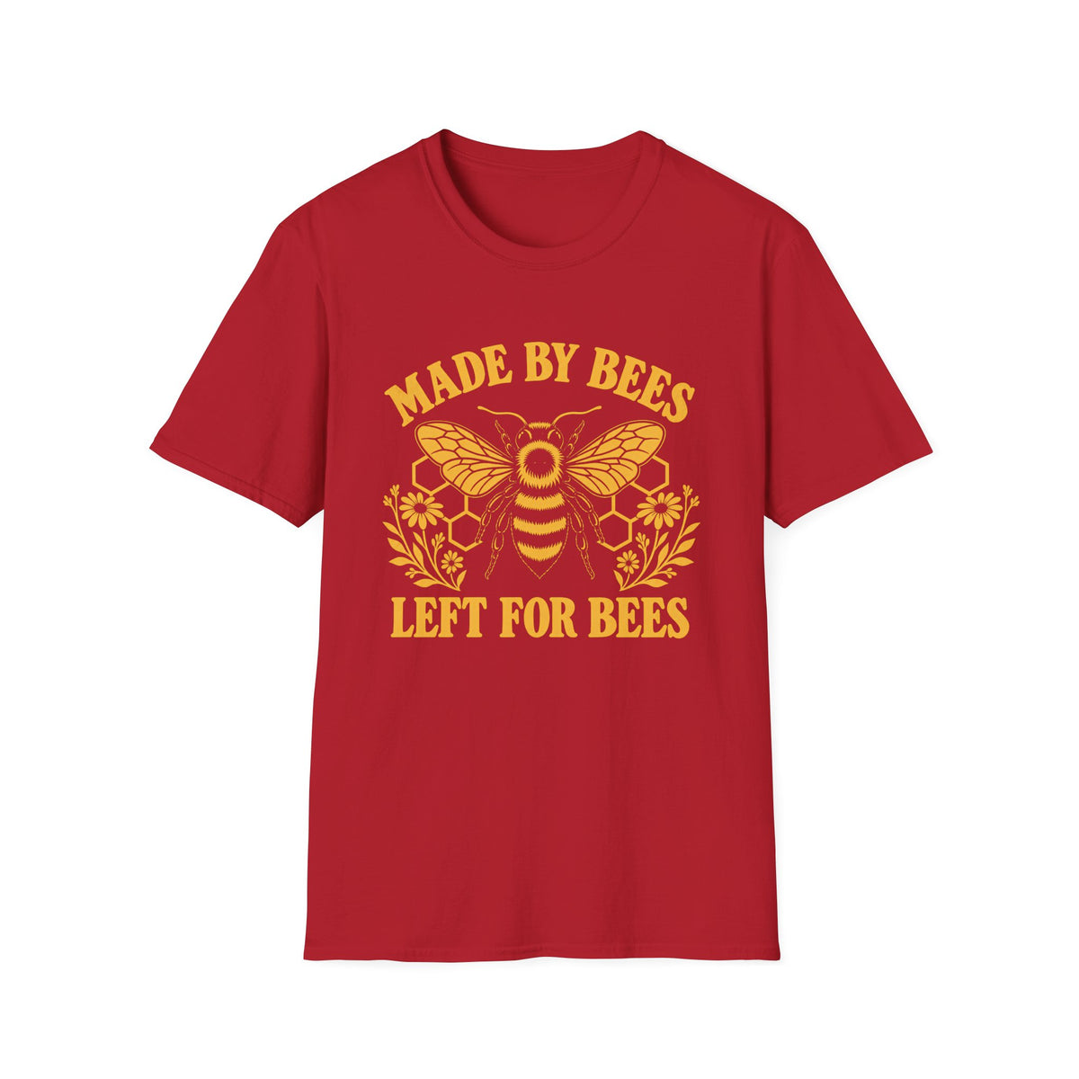 A red short-sleeve crewneck t-shirt with a yellow graphic print featuring a bee, honeycomb, flowers, and the text 'MADE BY BEES LEFT FOR BEES' on a light gray background.