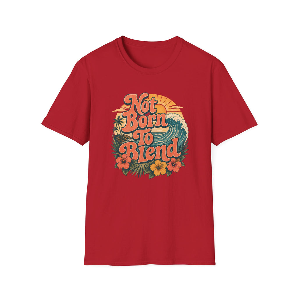 A red short-sleeve crewneck t-shirt featuring a retro-style circular graphic on the chest with the text 'Not Born To Blend' in orange, surrounded by a wave, sunset, and tropical flowers.